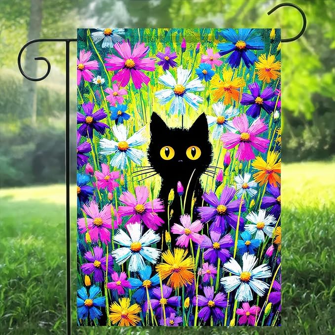 BlissYard Welcome Spring Summer Garden Flag Spring Black Cat Garden Flag 12x18 Double Sided Kitty Yard Lawn Daisy Pansy Flower Floral Outside Decoration Seasonal Farmhouse Outdoor Small Porch Decor