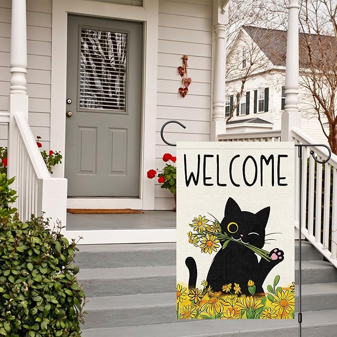Summer Garden Flag Welcome Black Cat Sunflower Double Sided Burlap 12x18 inches For Porch Lawn Yard Outdoor and Home Decor