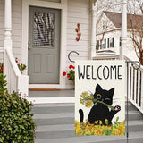 Summer Garden Flag Welcome Black Cat Sunflower Double Sided Burlap 12x18 inches For Porch Lawn Yard Outdoor and Home Decor