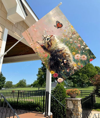 Spring House Flag 28x40 Inch Double Sided, Cat and Butterfly Floral Garden Flags Large Burlap Outdoor Yard Flag for Farmhouse Holiday Outside Decorations