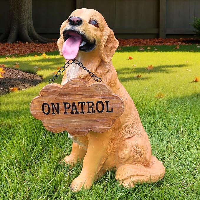 Adorable Golden Retriever Dog Sculpture with Solar-Powered Lantern & Charming 'On Patrol' & 'Welcome' Signposts - Outdoor Resin Statue for Garden, Patio, Yard Decor