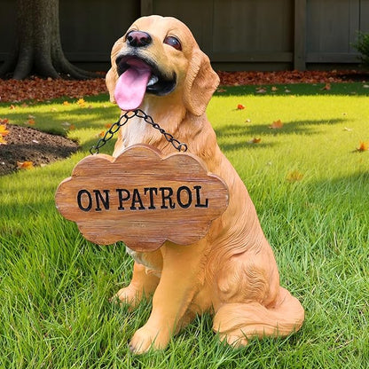 Adorable Golden Retriever Dog Sculpture with Solar-Powered Lantern & Charming 'On Patrol' & 'Welcome' Signposts - Outdoor Resin Statue for Garden, Patio, Yard Decor