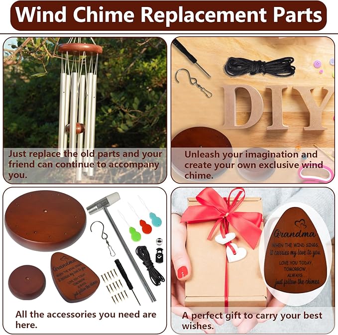 SPNKMJUJ Wind Chime Replacement Parts, 28 PCS Windchime Repair Kit Including Round Top, Clapper, Wind Catcher, 19.6FT Nylon Cord, DIY Wind Chime Supplies, Gift for Grandma