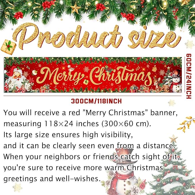 Christmas Yard Decorations Red Merry Christmas Banner Hanging Yard Sign Xmas Santa Claus Snowman Reindeer Home Wall Decor for Garden Outdoor Indoor Birthday Holiday Party Supplies 118 X 23 Inches