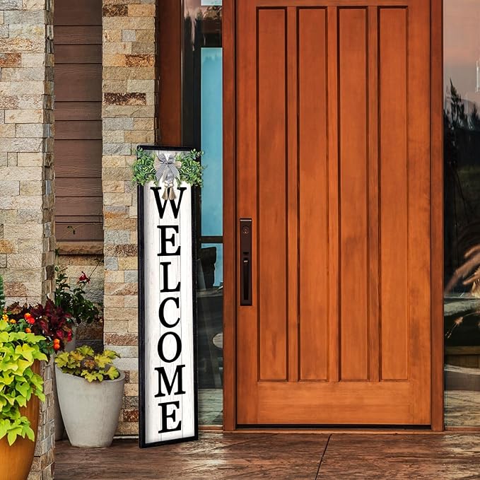flowtorely Outdoor Welcome Sign for Front Porch Standing 45"×9" Tall Wood Frame Vertical Leaner farmhouse Outside Rustic Large Welcome Sign for Front Door Home Decorations (Black)