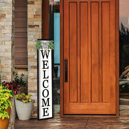 flowtorely Outdoor Welcome Sign for Front Porch Standing 45"×9" Tall Wood Frame Vertical Leaner farmhouse Outside Rustic Large Welcome Sign for Front Door Home Decorations (Black)