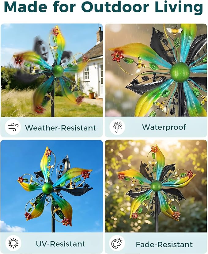 Wind Spinners Outdoor,Kinetic Wind Sculptures & Spinners, 57" Double-Side Metal Wind Spinner for Yard and Garden, Lawn Art Decorations Flower & Bee
