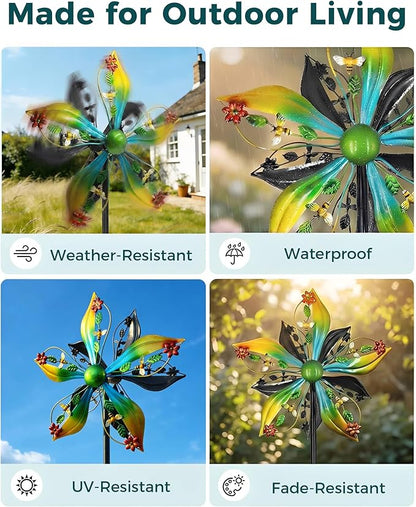 Wind Spinners Outdoor,Kinetic Wind Sculptures & Spinners, 57" Double-Side Metal Wind Spinner for Yard and Garden, Lawn Art Decorations Flower & Bee