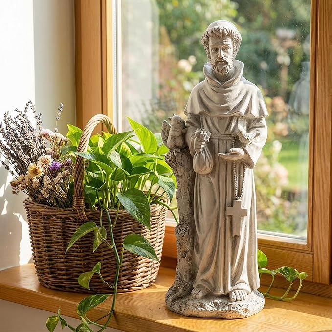St Francis Garden Yard Decor Statues 30.7 Inch Saint Francis of Assisi Catholic Christian Lawn Patio Outdoor Sculptures Magnesium Oxide Stone Garden Art Decorations，Grey