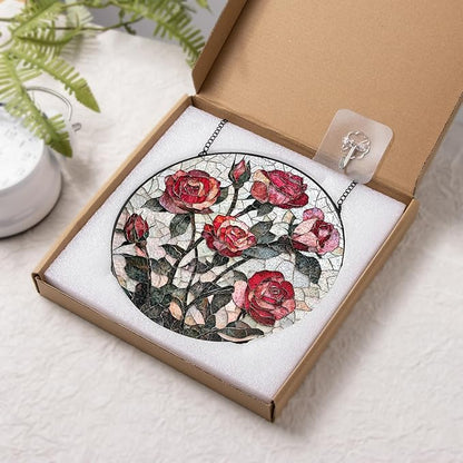 Pink Red Roses Stained Glass Window Hanging Suncatchers Valentine Roses Glass Panel Hangings Vintage Floral Window Decor Flowers Lovers Gift for Women Mom Spring Garden Nature Ornament 5.9inch