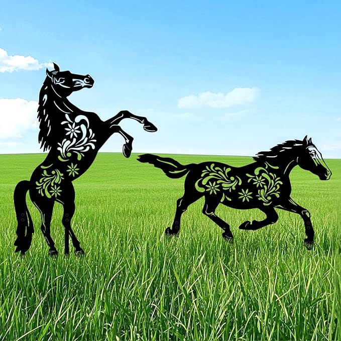 2 Pcs Year of The Horse Metal Garden Stakes, Running & Jumping Horse Silhouette Yard Art, Outdoor Lawn Patio Decor for Lunar New Year Rustic Metal Yard Stakes for Garden Pathway Farm Decor