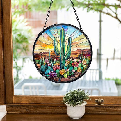 TNUW Western Cactus Stained Glass Window Hanging, Southwestern Desert Cactus Landscape Sun Catchers Indoor Window Glass Round Wall Art Decor, Western Wall Hanging Decorations, 7.9＂x7.9＂Suncatchers