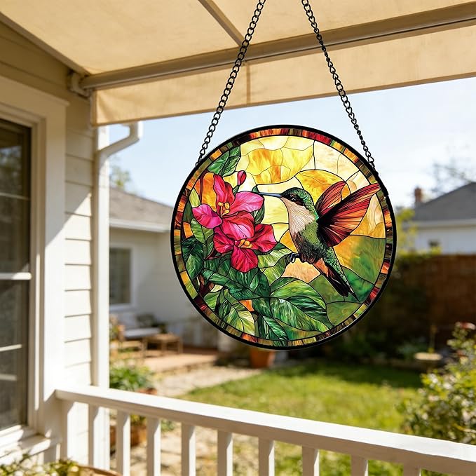 Stained Glass Suncatcher, Hummingbird Red Flowers Green Leaves Sun Catcher Stain Glass Window Hanging Decoration Mother's Day Birthday Gifts for Bird Lover Women Men Mom Nana 7.8 in