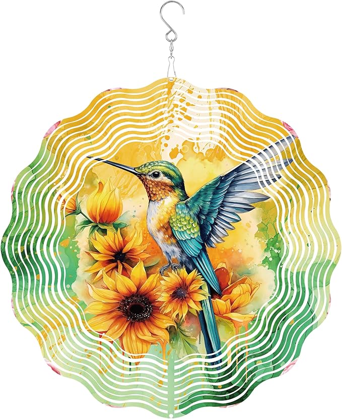 Hummingbird Wind Spinner Outdoor, Gift for Women Men, Hanging Metal Wind Catcher with 5" Sunflower Center Pendant, 12" 3D Stainless Steel Kinetic Art for Garden Yard