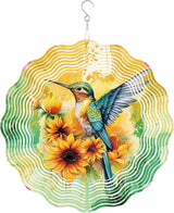 Hummingbird Wind Spinner Outdoor, Gift for Women Men, Hanging Metal Wind Catcher with 5" Sunflower Center Pendant, 12" 3D Stainless Steel Kinetic Art for Garden Yard