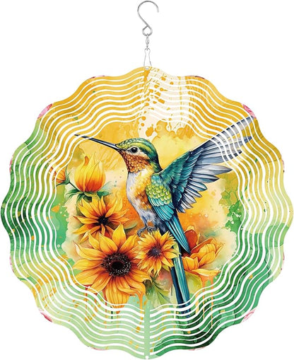Hummingbird Wind Spinner Outdoor, Gift for Women Men, Hanging Metal Wind Catcher with 5" Sunflower Center Pendant, 12" 3D Stainless Steel Kinetic Art for Garden Yard