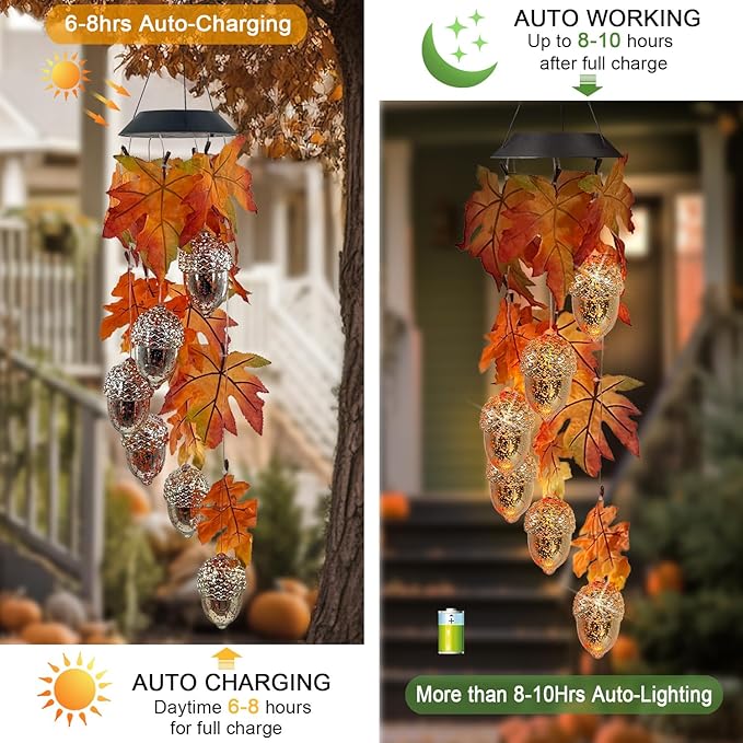 Solar Acorns Wind Chimes for Outside,Osk Leaves Danglers Mobile Lights,Outdoor Hanging Fall Decor for Garden Patio Yard,Thanksgiving Birthday Gifts for Women