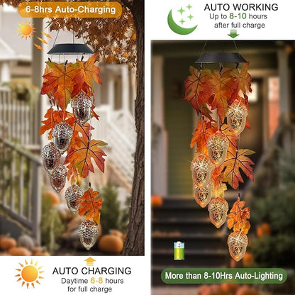 Solar Acorns Wind Chimes for Outside,Osk Leaves Danglers Mobile Lights,Outdoor Hanging Fall Decor for Garden Patio Yard,Thanksgiving Birthday Gifts for Women
