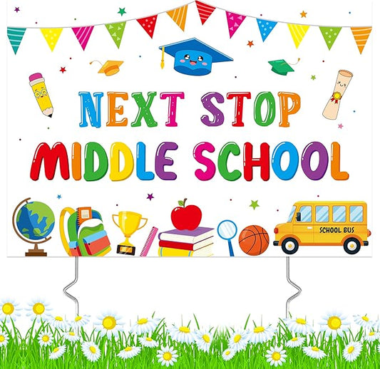 5th Grade Grad Yard Sign - Class of 2026 Elementary Graduate Lawn Sign with Stake Next Stop Middle School Congrats Graduation Waterproof Party Decorations Favors for Outdoor Garden Photo Booth Props
