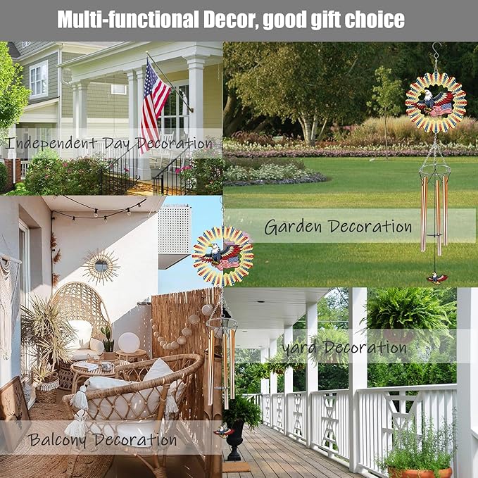 Wind Chimes with American Flag Eagle 3D Display Wind Spinner for Outside Garden Patio Yard Decor, Metal Windchimes Outdoor Hanging Decoration for Memorial Day Independence Day Patriotic