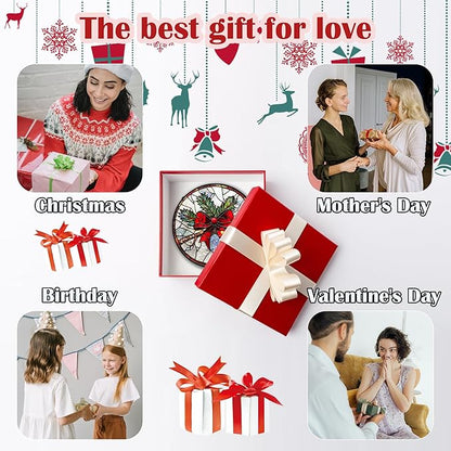 DASTOLL Stained Glass Window Hanging - Pine Branches Red Bow Suncatcher for Doors Home Christmas Decoration Silver Sun Catcher Thanksgiving New Year Birthday Gifts for Women Men Mom Nana 6.3 in