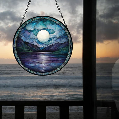 DASTOLL Stained Glass Window Hanging, Blue Night Moon Lake Sun Catchers Colorful Glass Panel Landscape Suncatcher Decor for Birthday for Women, Men, Wife, Aunt, and Mom 6.3 in
