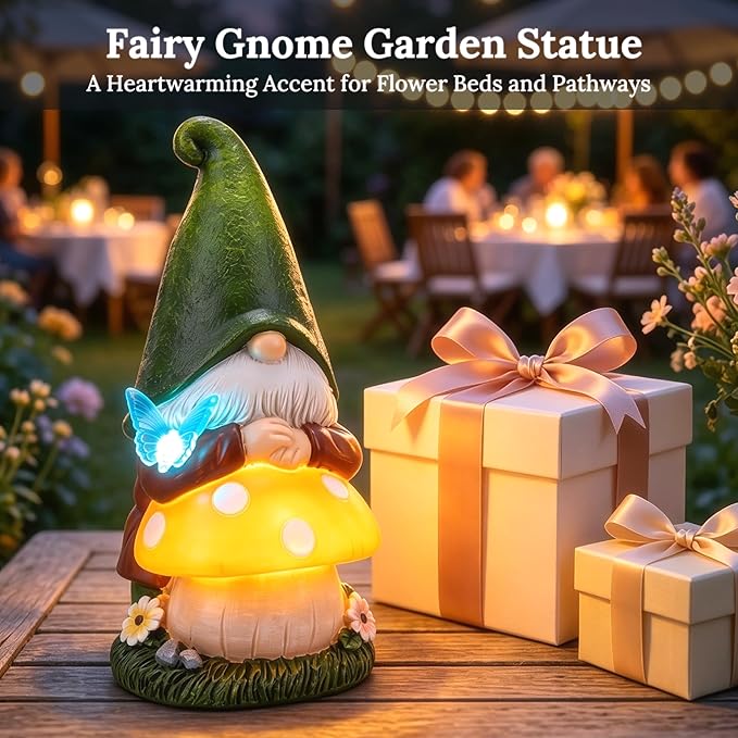 MXwcy Solar Garden Gnomes Statues, 9.06" Resin Gnomes Mushroom Butterfly Garden Decor, Solar Lights Outdoor Waterproof LED Gnomes Decorations for Yard Patio Lawn, Gnome Gifts for Women Mom Grandma