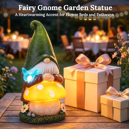 MXwcy Solar Garden Gnomes Statues, 9.06" Resin Gnomes Mushroom Butterfly Garden Decor, Solar Lights Outdoor Waterproof LED Gnomes Decorations for Yard Patio Lawn, Gnome Gifts for Women Mom Grandma