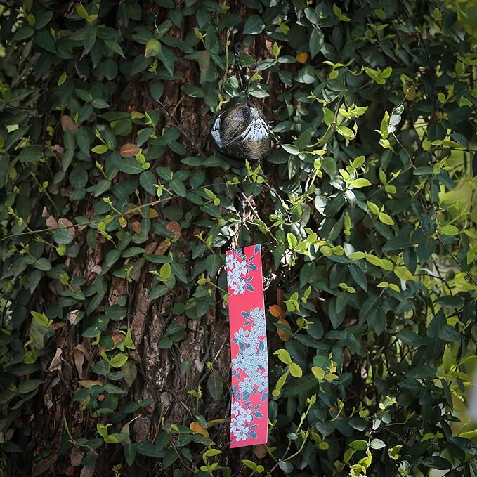 Japanese Wind Chime Cast-Iron Outdoor Ornament for Garden, Patio & Balcony, Hanging Metal Wind-Bell Decoration Gift, Blessing Pendant Windchimes & PVC Wind-Catcher, Mt. Fuji - Bronze