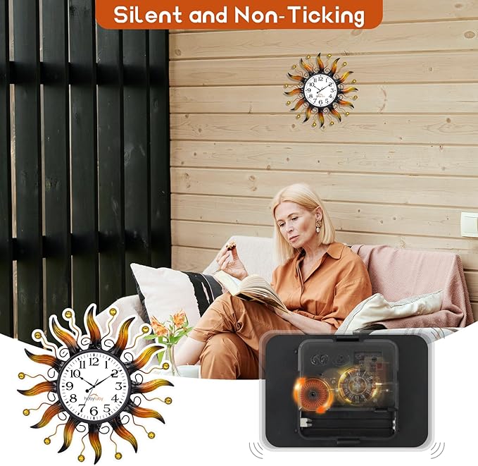 Outdoor Clock Silent Non-Ticking, Sun Outdoor Wall Clock Waterpooof Outside Clock for Patio, Home Decorations(Orange)