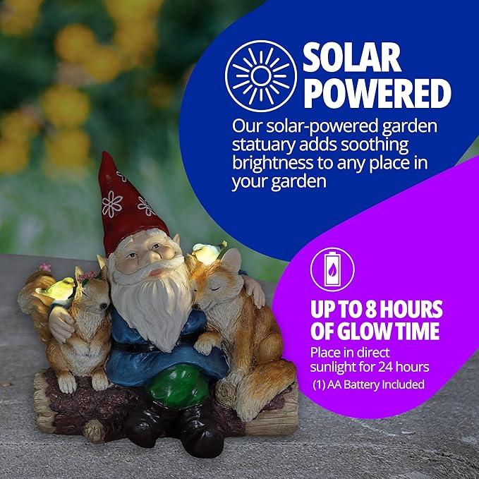 Exhart Garden Gnome, Solar Squirrel and Fox Friends Garden Sculpture, LED Birds, Outdoor Lawn and Yard Decoration, 14 x 8 x 13.5 Inch, Multicolor, Resin