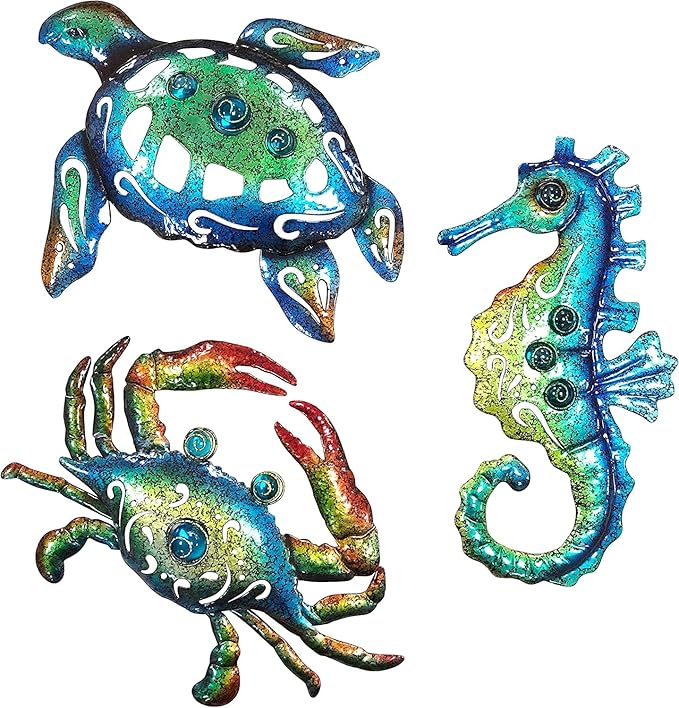 Weibefee Metal Sea Turtle Seahorse Crab Beach Themed Bathroom Wall Art Mother's Day Decor, Ocean Themed Wall Mother's Day Decorations Gift for Home Bathroom,10 Inch, Set of 3…
