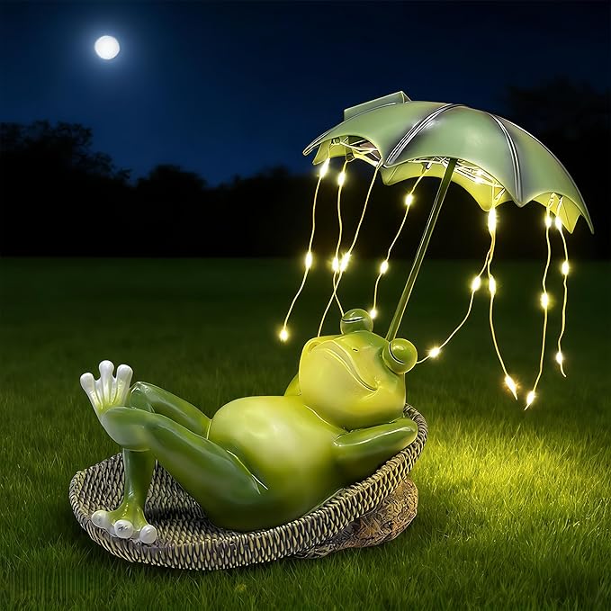6.7" Solar Frog Garden Statue with Light Up Umbrella - IP65 Waterproof Resin Sculpture, Outdoor Figurine for Patio Yard Pond, Unique Gardening Gifts for Women/Mom