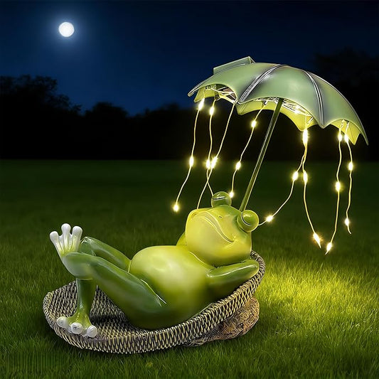 6.7" Solar Frog Garden Statue with Light Up Umbrella - IP65 Waterproof Resin Sculpture, Outdoor Figurine for Patio Yard Pond, Unique Gardening Gifts for Women/Mom
