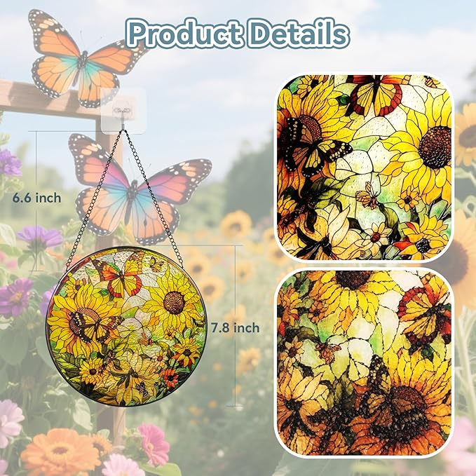 Suncatcher Stained Glass Window Hanging - Sunflower Glass Panel with Metal Chain and Hooks Handmade Sun Catcher Decoration for Window Garden Home Christmas & Birthday Gifts (7.8 Inch)