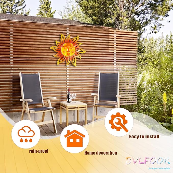 Metal Sun Wall Art Decor,12 Inch Retro Hanging Decor With Glass,Sun Face Valentine Wall Decorations For Patio Yard Garden Fence Living Room Bedroom