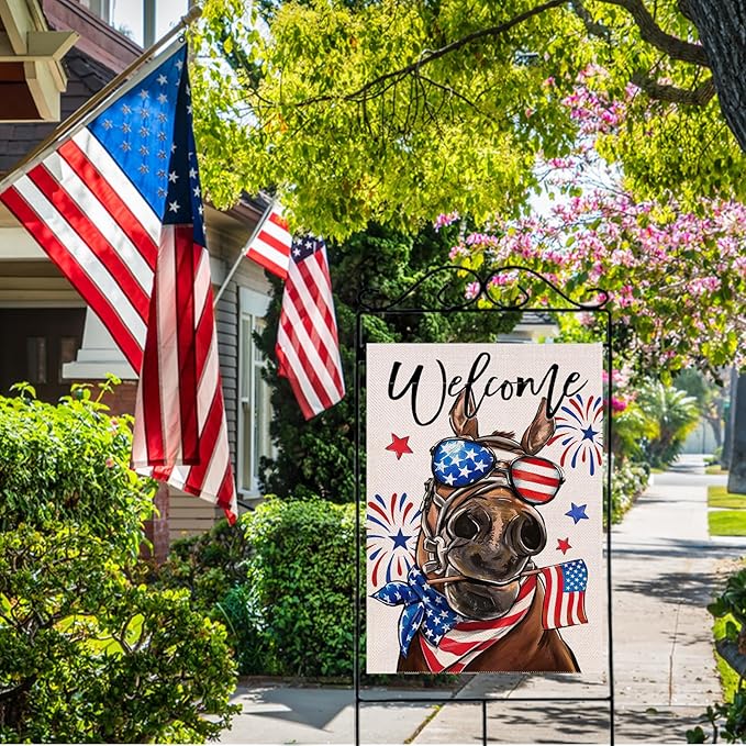 Welcome 4th of July Donkey Patriotic Decorative Flag, America Stars Stripes Firework Garden Yard Outside Decorations, American USA Outdoor Large Home Decor Double Sided 28 x 40
