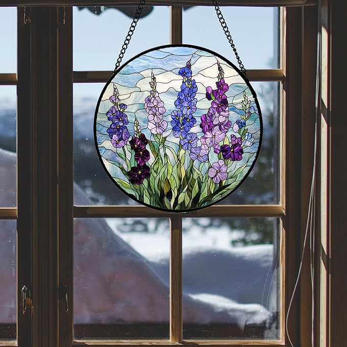 Stained Glass Window Hanging - Blue Purple Delphinium Suncatcher for Door Garden Home Decor Birth Flower Sun Catcher Birthday for Friend Lovers Women Mom Nana 7.8 in