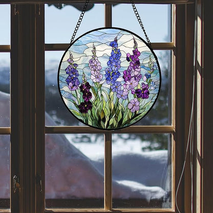 Stained Glass Window Hanging - Blue Purple Delphinium Suncatcher for Door Garden Home Decor Birth Flower Sun Catcher Birthday for Friend Lovers Women Mom Nana 11.8 in