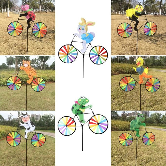 3D Animal on Bike DIY Windmill, Lawn Yard Garden Colorful Wind Spinner Decor (Cow)