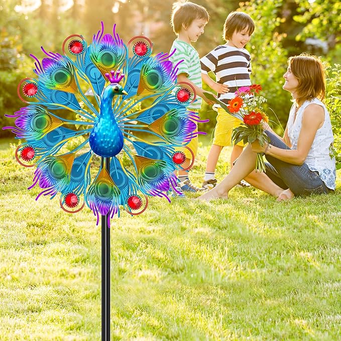 Metal Wind Spinners Outdoor for Garden Yard, 59" Kinetic Large Peacock Wind Spinner & Sculptures with Stable Metal Stake, Garden Windmill for Yard Lawn Patio Art Decor (Colorful)