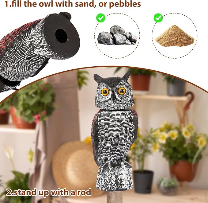 Fake Owl Decoys to Scare Birds Away-15.8 Inch, 2 Pack Rotating Head Sculptures, Nature Enemy Scarecrow Plastic Owl Statues, Bird Control and Pigeon Deterrent Outdoor for Outside, Patio, Yard