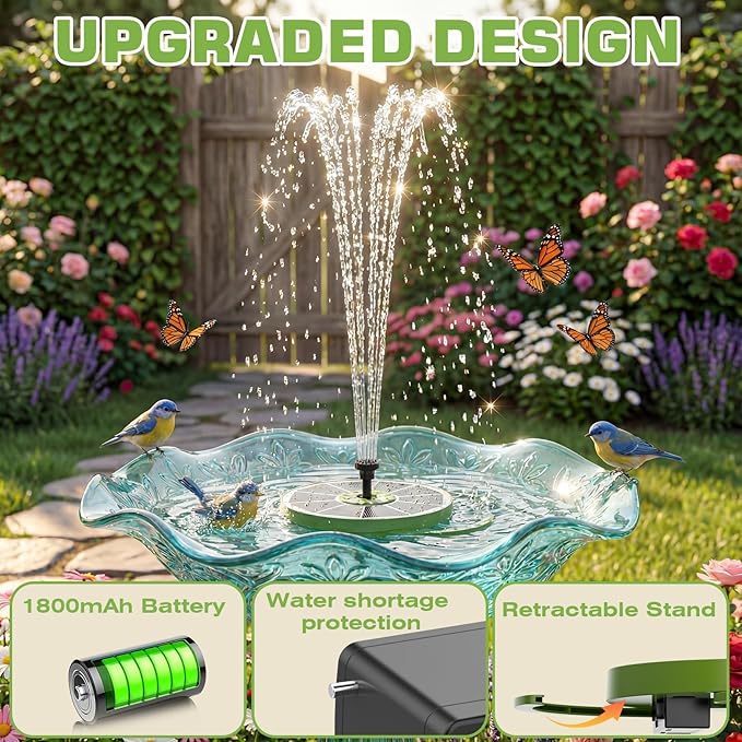 AISITIN 3.5W Solar Bird Bath Fountain with Built-in 1800mAh Battery, Solar Water Pump with 8 Nozzles, Solar Powered Floating Fountain for Outdoor Garden, Birdbath, Pond, Pool, Fish Tank - Dark Green