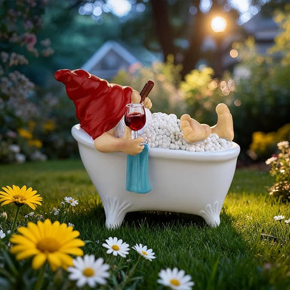 Toncoke Garden Gnomes for Outdoor, 7 Inch Gnomes Decorations for Yard, Gnome Garden Decor for Home Patio Lawn, Gnomes Gifts for Women Spring Summer Christmas Halloween (Bathtub & Wine Glass)