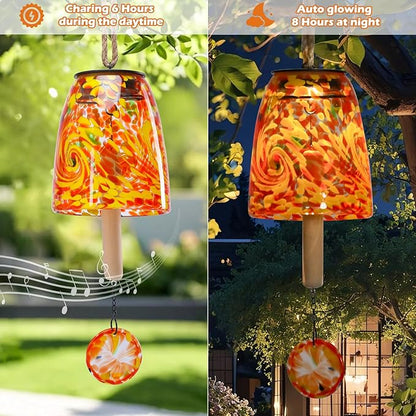DREAM GARDEN Solar Wind Chimes for Outside, Glass Wind Chime Outdoor Colorful Windchimes with Solid Wood Striker Melody Wind Bell Unique Gifts for Mom Women Grandma, Orange