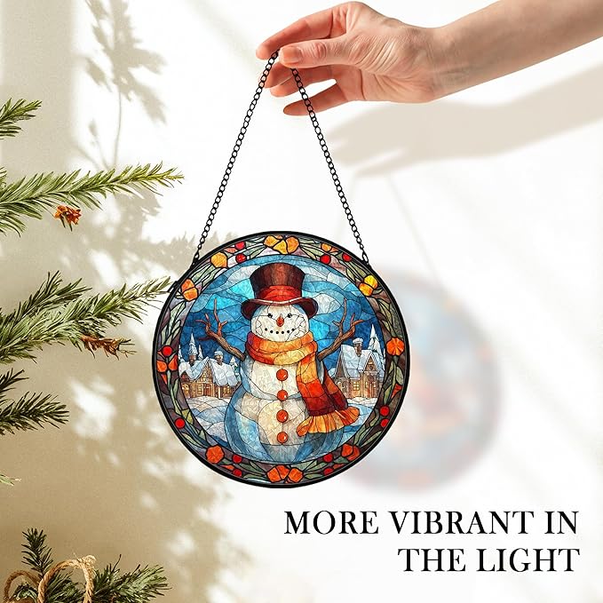 Christmas Snowman Suncatcher Stained Glass Window Hanging Decor, Winter Snowman Stained Glass Wall Decor, Christmas Garden Sun Catchers Indoor Window Hanging Wall Art, 7.9x7.9In