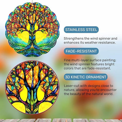 GENANY Tree of Life Hanging Wind Spinners for Women Men, 12 Inch Metal 3D, Stainless Steel Hanging Wind Catchers Sculpture for Outside, Outdoor Spring Decoration, Unique Gift