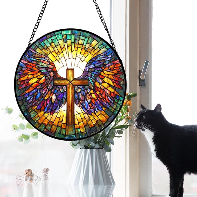 DASTOLL Stained Glass Window Hanging - Jesus Cross Wings Suncatcher Ready to Hang Window Doors Home Decoration and Christmas, Mother's Day Birthday Gifts for Women, Men, and Mom 14.9x14.9 in