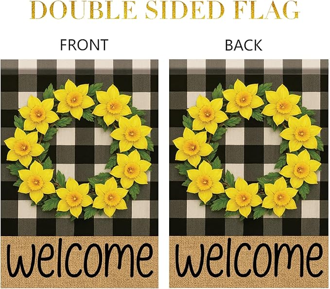 Buffalo Plaid Welcome Wreath Garden Flag Yellow Daffodil Flower Flag 12×18 Inch Double Sided Spring Outdoor Decor Welcome for Porch Patio Lawn Yard Farmhouse Seasonal Outside
