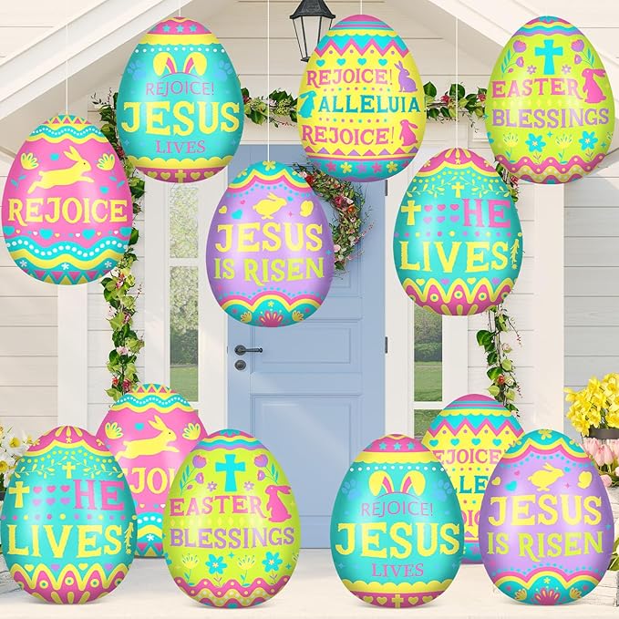 Jetec 12 Pcs 12 Inch Religious Easter Egg Inflatable Decorations Hanging Inflatable Easter Egg Outdoor Decorations Large Christian Eggs Spring Jesus is Risen Yard Decor for Church Lawn Garden